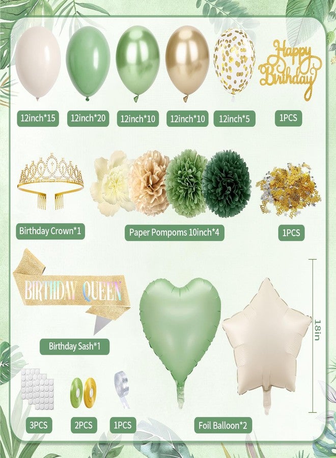 Fantspati Sage Green Birthday Decorations for Women Girls, Beige Gold Green Balloons Birthday Sash Crown Tablecloth Happy Birthday Banner Butterfly Cake Topper Olive Neutral Boho Bday Party Decorations - Image 3